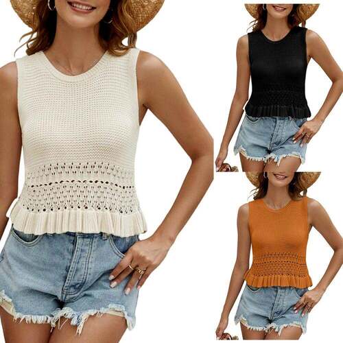 Womens Crochet Crop Tank Tops Sleeveless Crew Neck Ruffle
