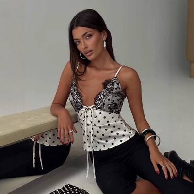 French Style Laced Polka Dot Satin Cami Top Fitted Sexy