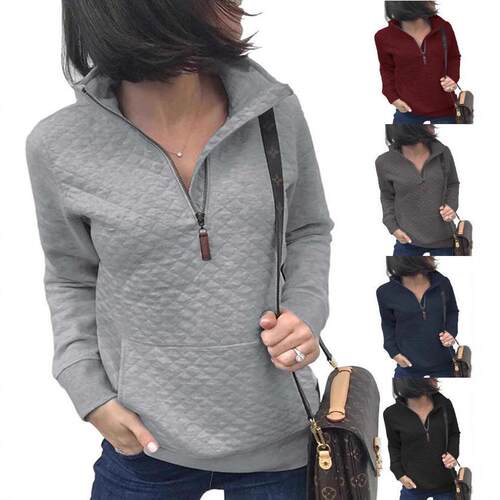 Women Fashion Quilted Pattern Lightweight Zipper Long Sleeve