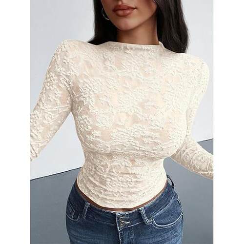 Mesh Long Sleeve Tops For Women Lace Sexy Sheer Tight See