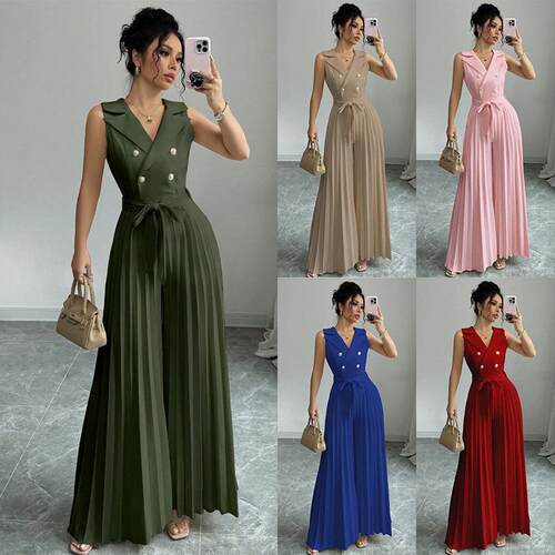 Women'S Sleek Sleeveless Notched Collar Waist Tied Detail