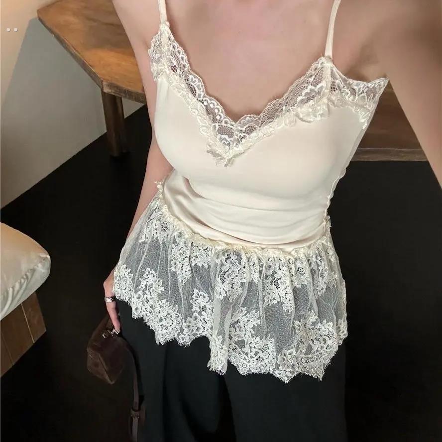 纯欲风V领蕾丝氛围感吊带背心女带胸垫内搭屁帘拼接网纱无袖上衣