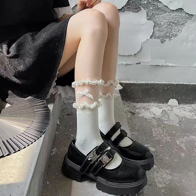 日系玻璃丝蝴蝶结袜子女中筒袜夏季薄款Lolita少女甜美少女jk