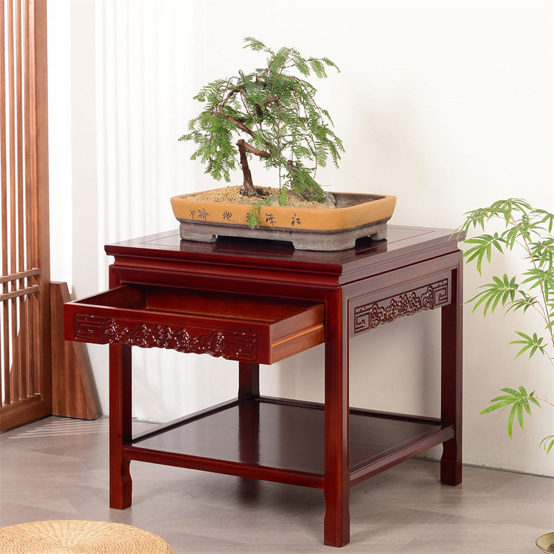 新中式抽屉款实木盆景架鱼缸架奇石桌置物架沙发边角几茶几小方桌