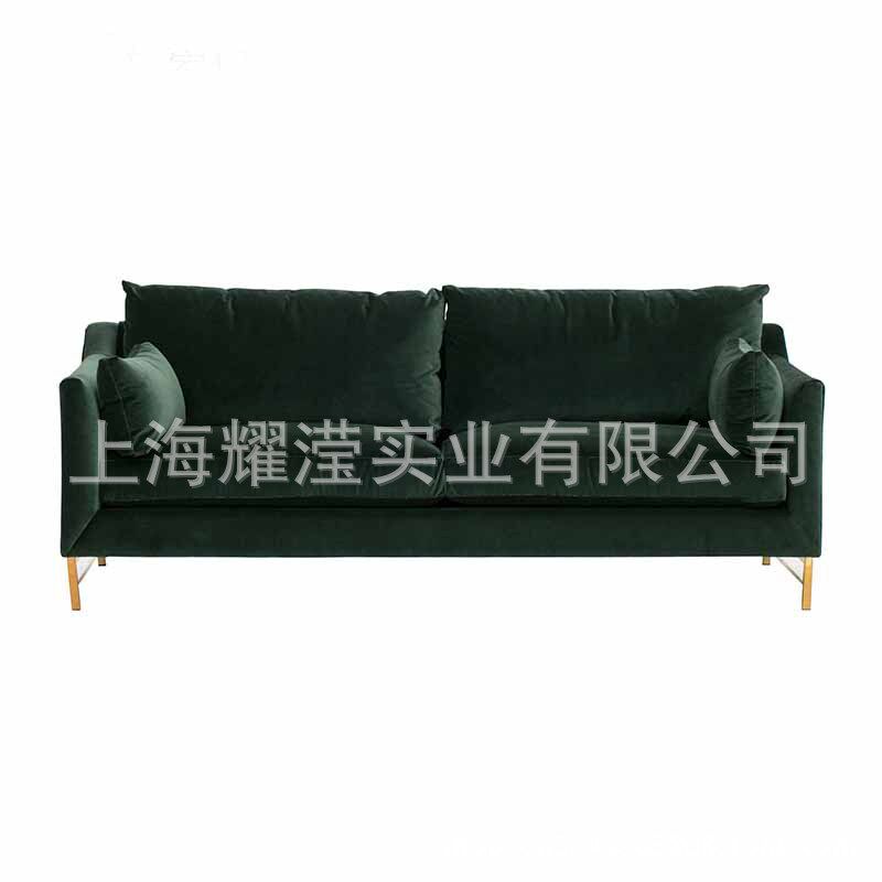 北欧墨绿色绒布休闲不锈钢三人沙发订置家具酒店会所影楼时尚沙发