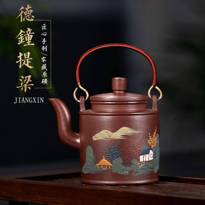 德钟提梁紫砂壶原矿底槽青洋桶壶茶具厂家纯全手工泥绘茶壶家用