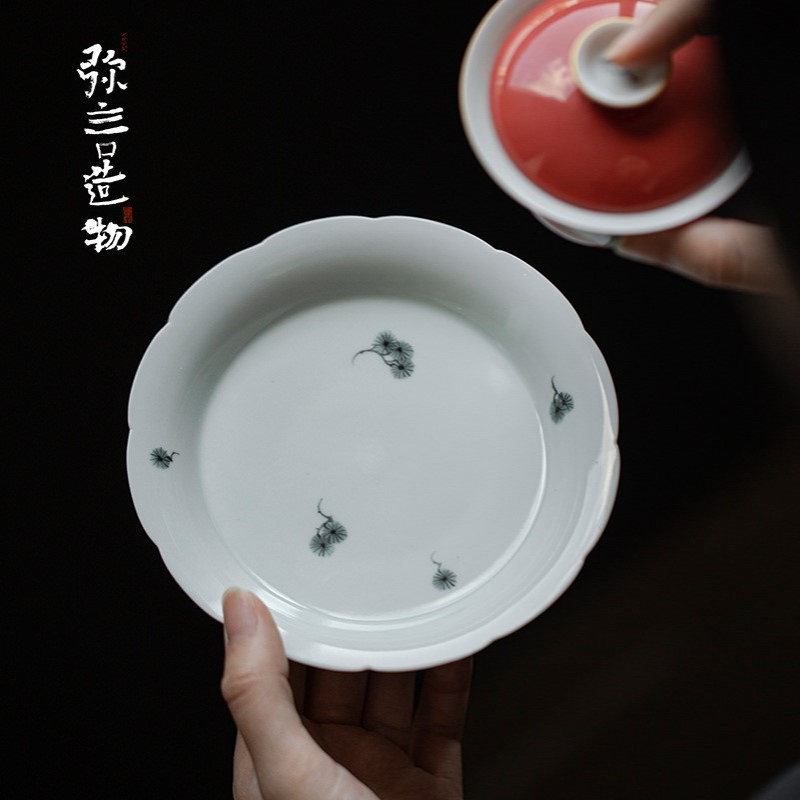 弥言白瓷手绘松风壶承家用小型茶台手工陶瓷花口干泡盘茶点点心盘