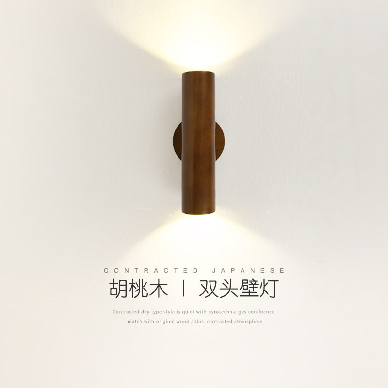 胡桃木色LED床头灯360度旋转双头新中式LED壁灯实木卧室书房间灯