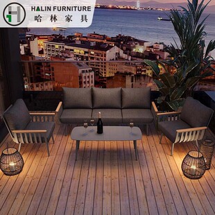 北欧户外休闲铝合金塑木扶手沙发庭院花园架空层沙发椅设计师沙发