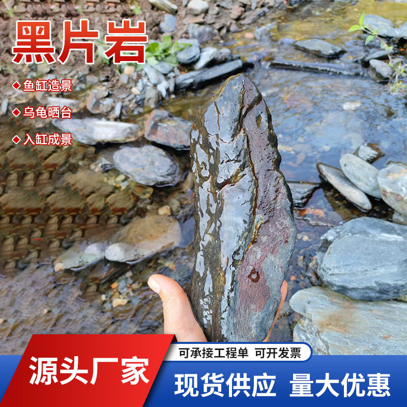 原生溪流石黑色页岩片石鱼缸石头造景石主石溪流缸乌龟晒台黑片岩