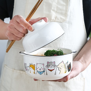 日式 泡面碗陶瓷带盖饭盒可微波炉加热卡通学生宿舍方便面碗筷套餐
