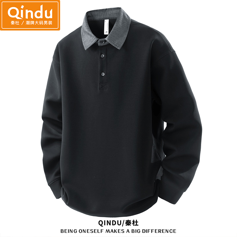 潮牌大码撞色翻领卫衣男秋冬款加绒宽松胖子加肥加大POLO衫上衣服