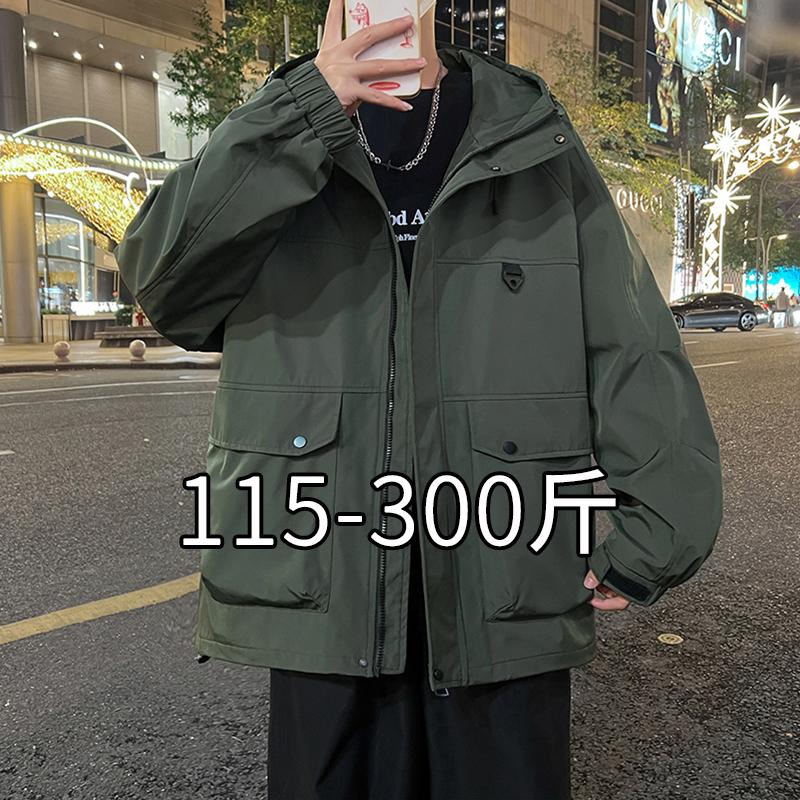 青少年大码连帽夹克男春秋款潮流工装加肥加大冲锋衣胖子宽松外套