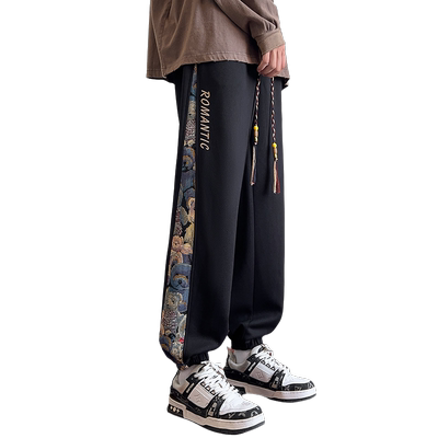 大码宽松裤子男休闲长裤春秋冬季青少年潮流拼接刺绣束脚胖子卫裤