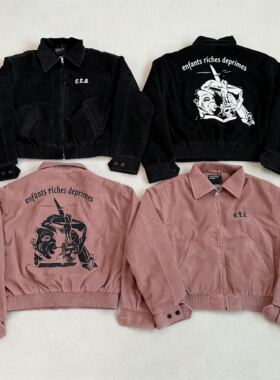 ERD忧郁的富二代短款三文鱼刺绣翻领夹克美式休闲水洗做旧外套潮