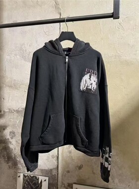 ERD忧郁富二代美式休闲宽松水洗覆古贴布印花连帽拉炼外套卫衣