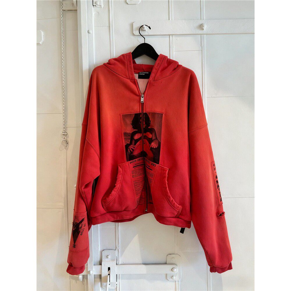 ERD忧郁的富二代美式潮牌人像贴布做旧刺绣连帽开衫卫衣重磅外套