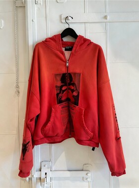 ERD忧郁的富二代美式潮牌人像贴布做旧刺绣连帽开衫卫衣重磅外套