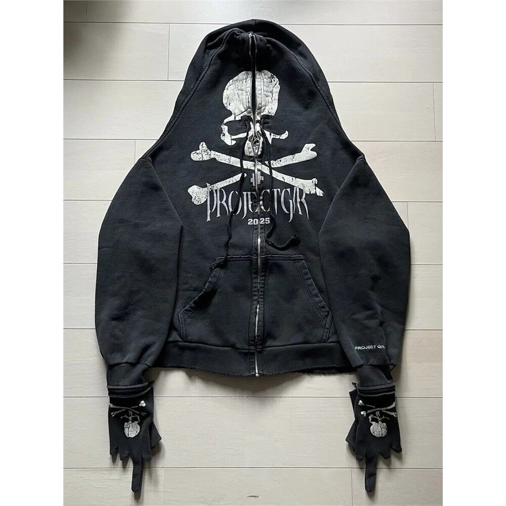 GRAILZ小众潮牌暗黑风骷髅印花美式休闲做旧拉炼手套连帽卫衣外套