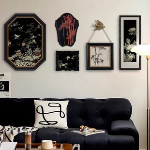 《山鸟竹趣》法式轻奢黑色竹韵花鸟装饰画客厅沙发背景墙挂画组合