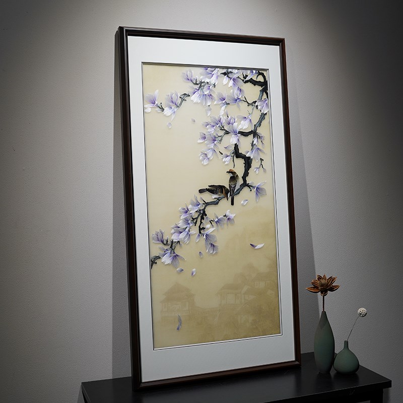 玉兰花鸟新中式艺术品装饰画苏州B纯手工刺绣苏绣祥瑞玄关成品挂图片