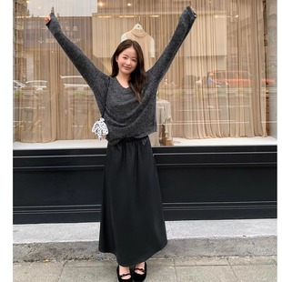 【SIM】2025秋季时尚百搭高腰PU皮中长款A字半身裙女7175