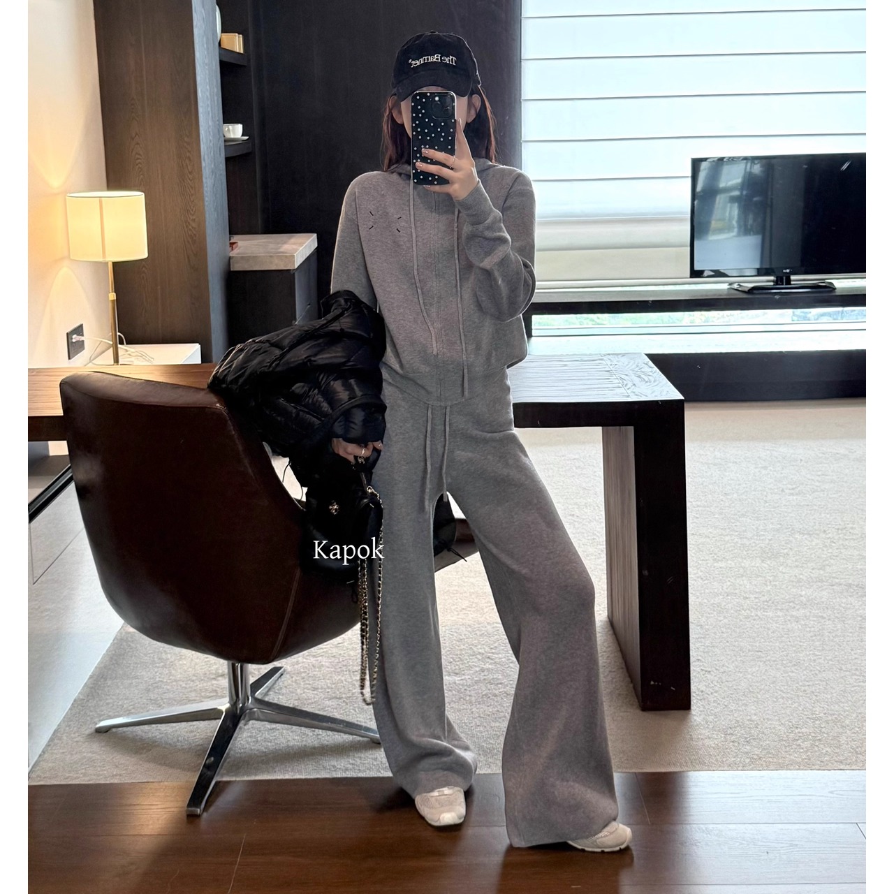 【KAPOK】2025冬季新款连帽拉链针织开衫+松紧腰休闲裤女25F7003
