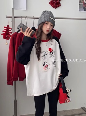 【奶思家NICE STUDIO】2026早春爆款卡通大版拼色长袖T恤女08917