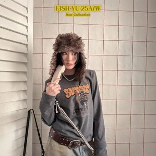 FISH 复古绘画BOY字母印花加绒长袖 新款 t恤625723 2025冬季