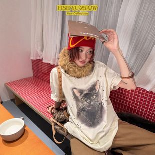 2025冬季 新款 韩版 t恤女625668 猫咪印花钉珠磨毛短袖 FISH