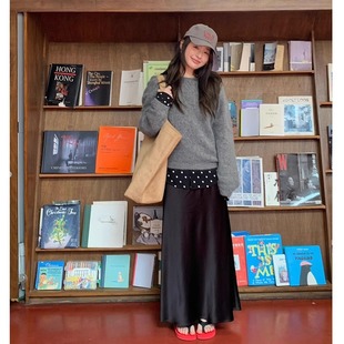 【SIM】2025秋季松紧腰压褶气质醋酸中长款直筒半身裙女7191