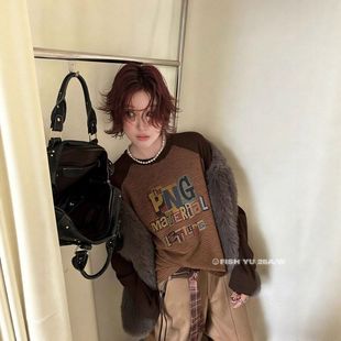 FISH 复古字母印花条纹撞色插肩长袖 新款 t恤25798 2025冬季