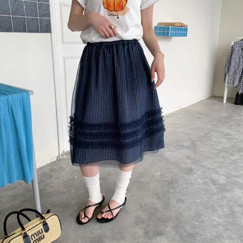 苏珊高级感格子木耳边半身裙2026
