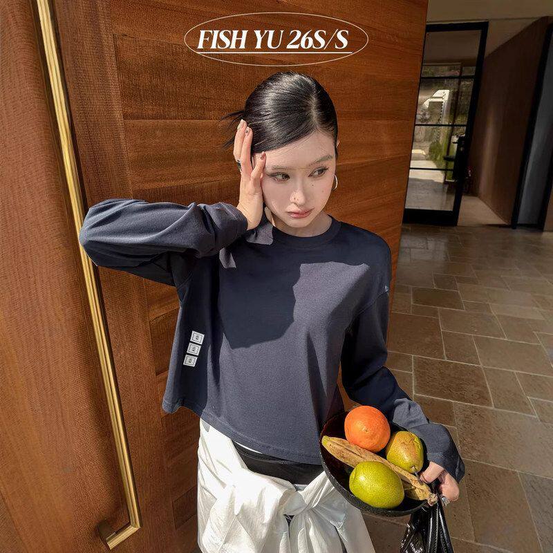 【FISHYU】26夏季新款韩版薄款宽松烫图小标短款长袖t恤女626029