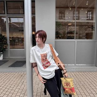 FISH 猫咪字母印花宽松圆领休闲短袖 新款 t恤25623 2026春季