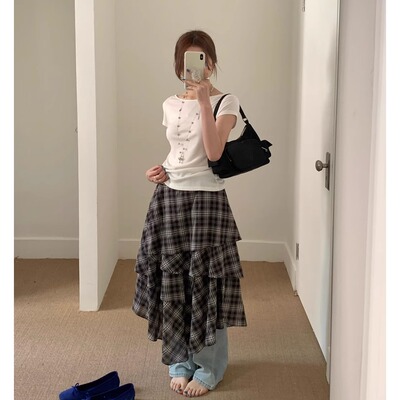 高腰格子版型宽松层叠半身裙女