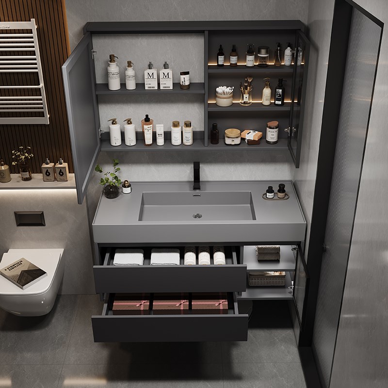 轻奢浴室柜组合纳米岩石微晶石一体盆实木洗手洗脸盆卫Y生间洗漱