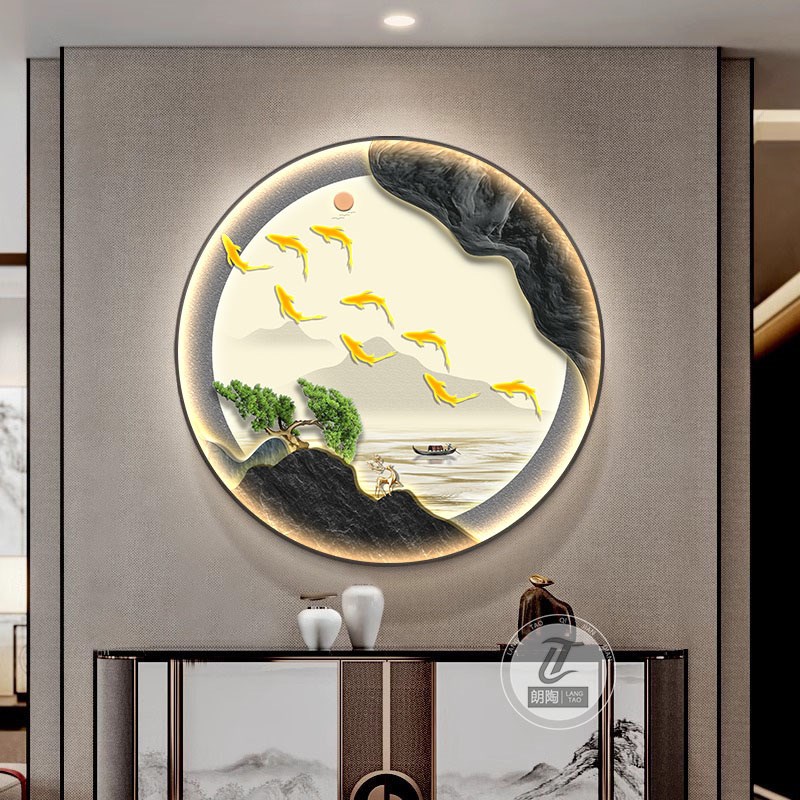 现代轻奢玄关装饰画入户进门圆形挂画九鱼图发光壁画过Z道走廊壁图片