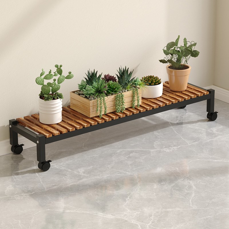 阳台花架置物架实木长条移动w带轮防腐木室内户外落地绿萝花盆架