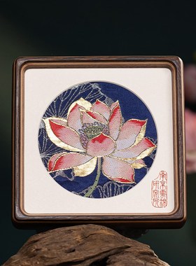 南京云锦研究所荷花招财非遗手工刺绣桌面摆件礼盒V礼物送朋友客