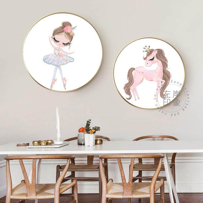 儿童房粉红色少女装饰画卧室墙壁卡通女孩房间小朋友孩子圆形壁挂,家居饰品,现代装饰画,淘宝优惠券,粉丝福利购,淘宝优惠卷