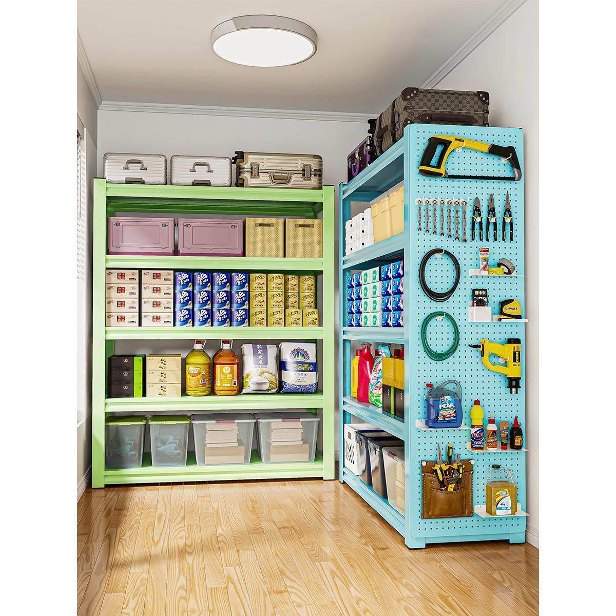 家用钢制货架置物架多层收纳架落地阳台客厅超市储物架彩色展示架