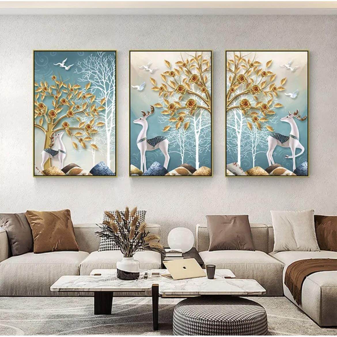 新中式自粘背景墙贴画餐厅客厅墙面三联自粘画过道楼梯壁画自贴,家居饰品,现代装饰画,淘宝优惠券,粉丝福利购,淘宝优惠卷