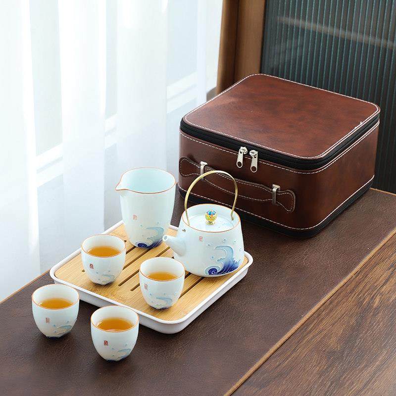 时述整套手绘功夫茶具便携旅行高档一壶四杯小套家用简约储水茶盘,餐饮具,功夫茶具,淘宝优惠券,粉丝福利购,淘宝优惠卷