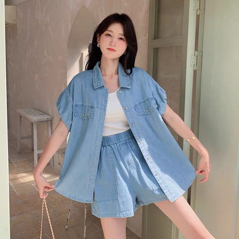 东大门韩版仿牛仔时尚套装女装2024夏季薄款宽松短袖衬衫两件套潮