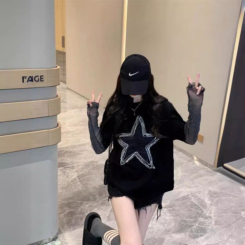 韩版宽松纯棉水钻褶皱星星短袖T恤上衣女拼接网纱袖子休闲假两件