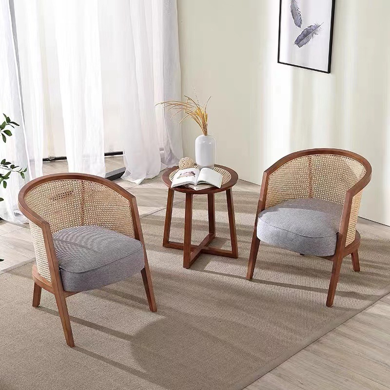 新中式编藤实木休闲椅美式藤椅布艺餐椅家用扶手书房椅现代简约椅