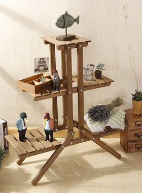 3层 对称阶梯花架子藤架绿萝地中海风格情调深蓝色复古色幼儿学校