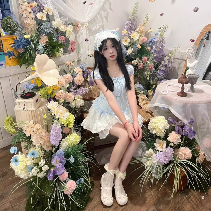 奈奈风一整套穿搭甜美抽褶系带短袖女气质短裙蕾丝半身裙两件套装