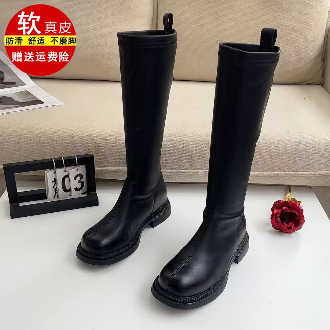 品牌专柜厚底长筒靴子女2025新款秋冬圆头复古高筒骑士不过膝显瘦